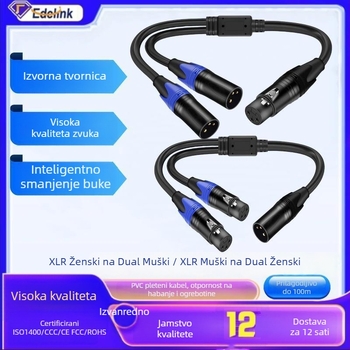 XLR audio adapter kabel: 1 muški na 2 ženska, bakar bez kisika, srebroplati vodiči, model 2022001, ROHS
