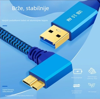 USB 3.0 kutni kabel A–Micro-B za visokou brzinsku prijenos podataka, pozlaćeni priključci, pleteni bakar