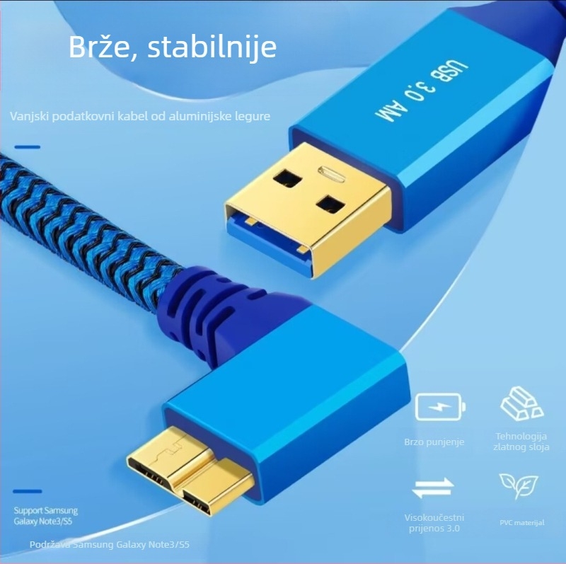 USB 3.0 kutni kabel A–Micro-B za visokou brzinsku prijenos podataka, pozlaćeni priključci, pleteni bakar