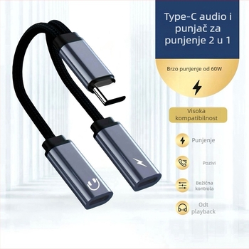 Type-C na dual Type-C adapter s OTG i zvukom, PD60W brzo punjenje, prijenos 480 Mbps