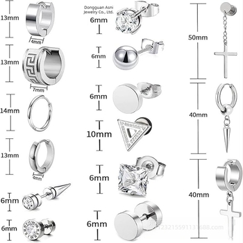 Nerđajući čelični naušnice, set od 15 parova, geometrijski dizajn s dijamantnim završetkom, unisex stil za sve prilike