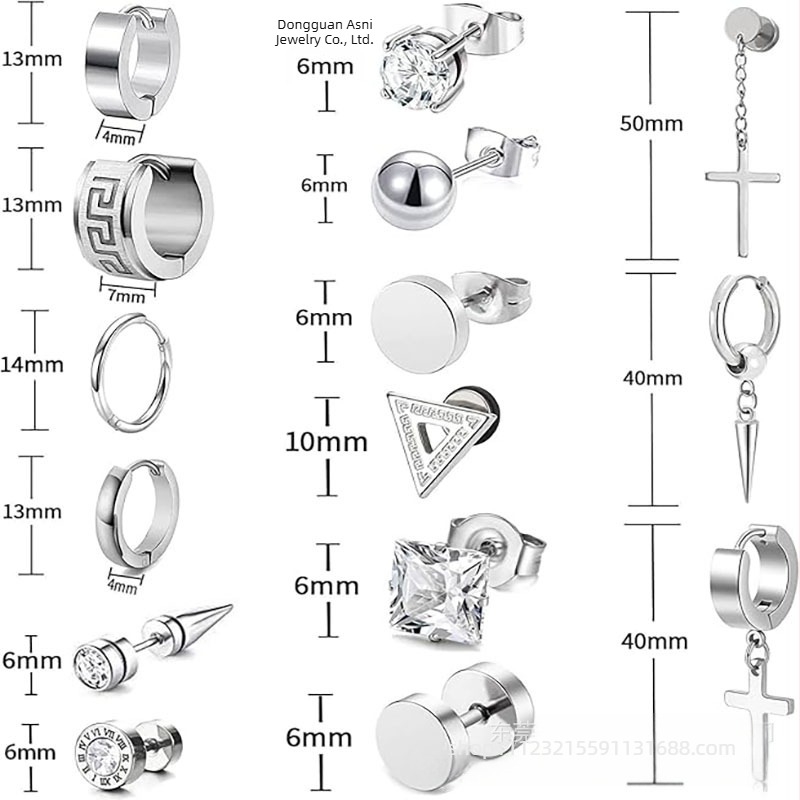 Nerđajući čelični naušnice, set od 15 parova, geometrijski dizajn s dijamantnim završetkom, unisex stil za sve prilike