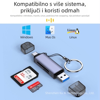 Dvostruki čitač kartica USB 3.0 + USB-C za TF/SD/MMC/Micro SD – vanjski, dimenzije 51,5×19×11 mm, težina 10 g, 1 godina jamstva