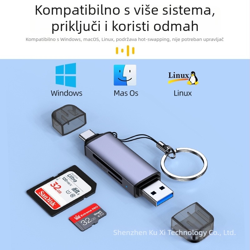 Dvostruki čitač kartica USB 3.0 + USB-C za TF/SD/MMC/Micro SD – vanjski, dimenzije 51,5×19×11 mm, težina 10 g, 1 godina jamstva