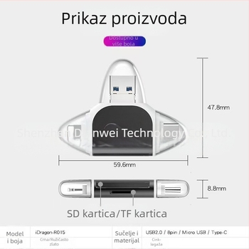 Metalni kartični čitač sa četiri porta USB 2.0 SD/TF — Model U003