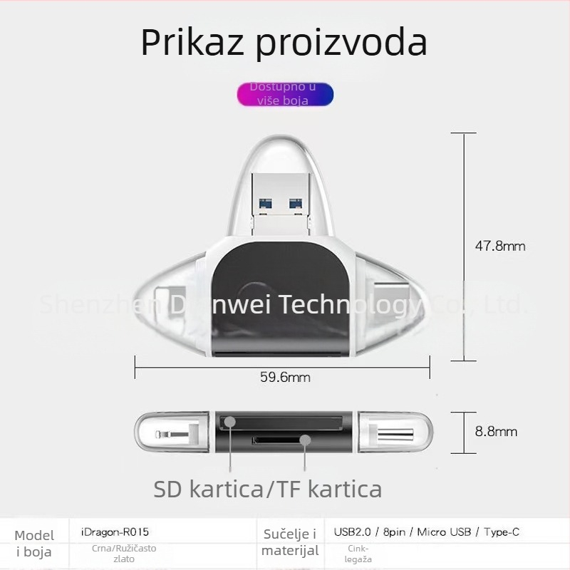 Metalni kartični čitač sa četiri porta USB 2.0 SD/TF — Model U003