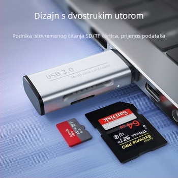 USB 3.0 čitač kartica SD i TF – aluminijsko kućište, model ADS-105, veličina 6.9×2×1 cm