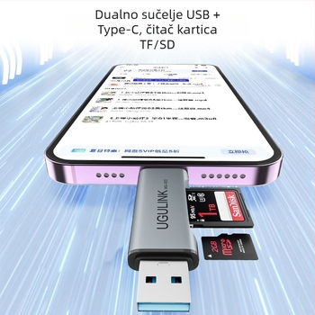 OTG USB-C čitač kartica — USB 2.0, SD/TF memorijske kartice, vanjski adapter od aluminijske legure