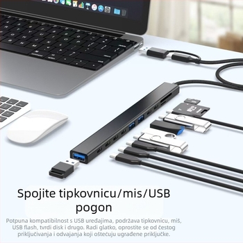 Type-C dvostruko glave docking stanica za laptop, aluminijski hub 11-u-1 s podrškom SDHC