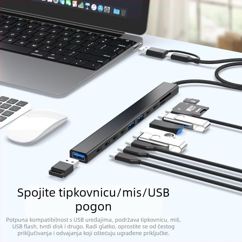 Type-C dvostruko glave docking stanica za laptop, aluminijski hub 11-u-1 s podrškom SDHC