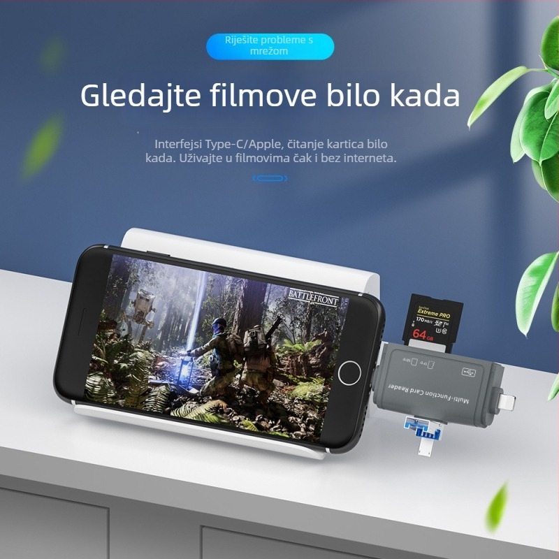 7-u-1 čitač kartica — Kompatibilan s Apple Type-C i Android uređajima i PC-ima; USB 2.0 sučelje; podrška TF kartica; OTG 3.0 višefunkcionalni; plug-and-play