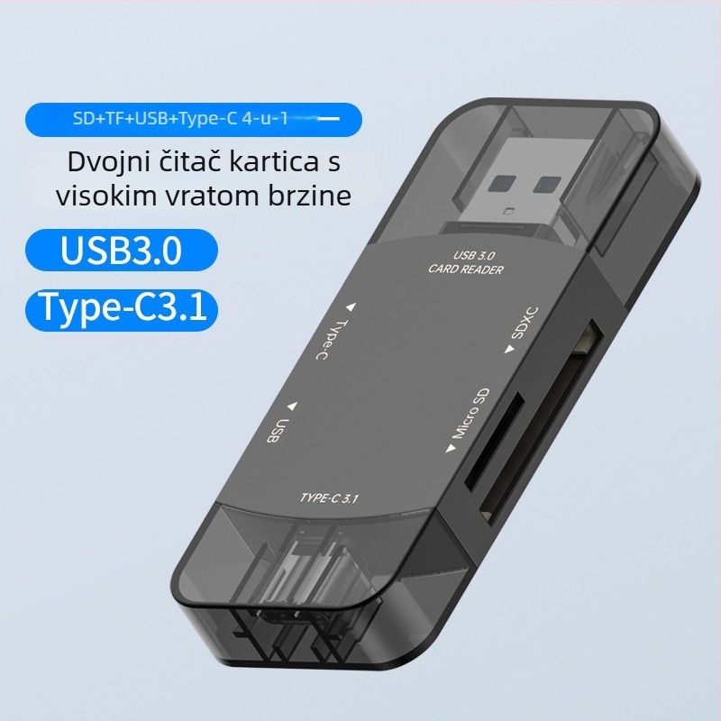 Dva-u-jednom USB-C/USB 3.0 čitač kartica za SD/SDHC/TF/microSD – eksterni, cinkova legura, 30 g, visoka brzina, kompatibilan sa svim OS