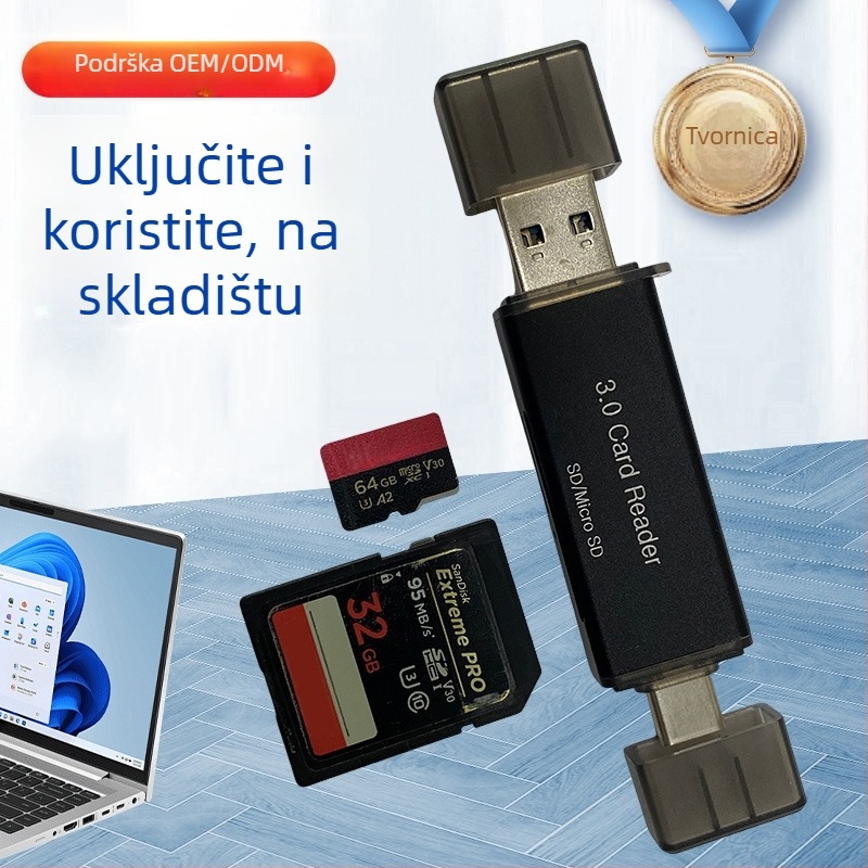 USB 3.0 čitač SD/MicroSD s USB-C OTG – mini vanjski, aluminijsko kućište, Windows 7 kompatibilan