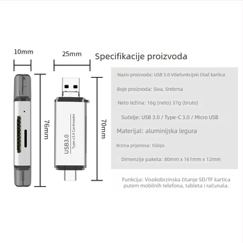 ADS-101 USB 3.0 višenamjenski čitač karata SD/TF, aluminijsko kućište, USB-C/USB/Micro USB priključci
