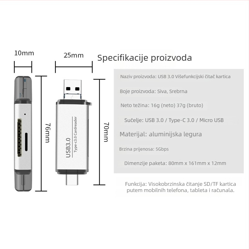 ADS-101 USB 3.0 višenamjenski čitač karata SD/TF, aluminijsko kućište, USB-C/USB/Micro USB priključci