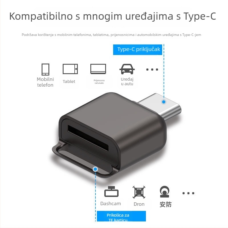 TF čitač kartica od cinkovog legura, USB-C OTG, podrška TF kartica, USB 2.0, KD-101