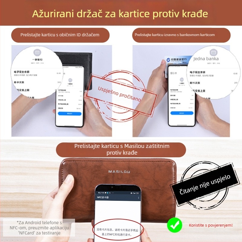 Duga kožna novčanik za muškarce s višestrukim pretincima za kartice, velika kapaciteta, dvostruki sloj od teleće kože, dizajn bi-fold, zaštita od prijevara