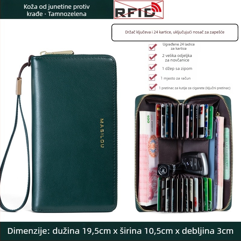 Duga kožna novčanik za muškarce s višestrukim pretincima za kartice, velika kapaciteta, dvostruki sloj od teleće kože, dizajn bi-fold, zaštita od prijevara