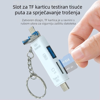 Pet-in-1 OTG čitač kartica s Type-C, Micro USB i USB sučeljima; podržava TF karticu i USB flash disk