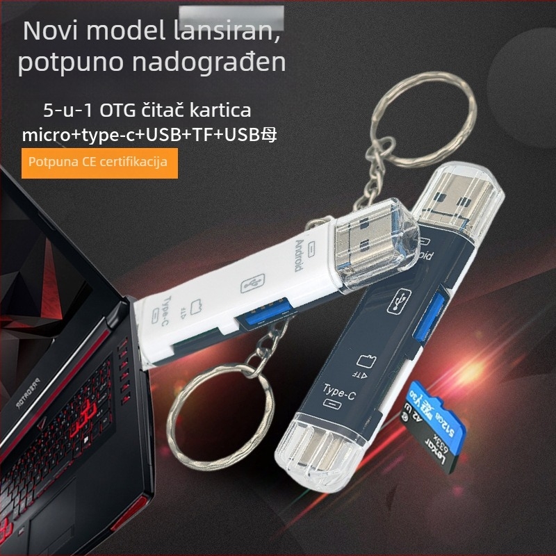 Pet-in-1 OTG čitač kartica s Type-C, Micro USB i USB sučeljima; podržava TF karticu i USB flash disk