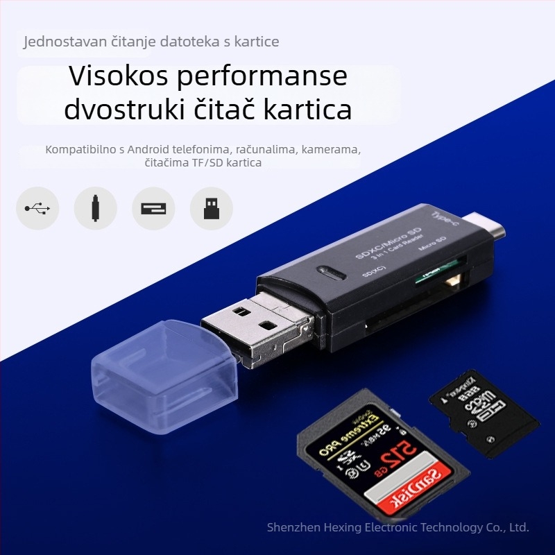 HX-518 3-u-1 čitač kartica za mobitele, računala i kamere – SD/TF/MicroSD, USB 2.0, USB-C Android kompatibilan, ABS