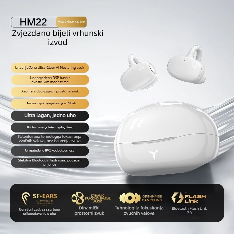 HM22 Klips-on bežične Bluetooth slušalice za uho, dizajn klipa, domet 10 m, BT 5.4, baterija više od 8 sati, stereo