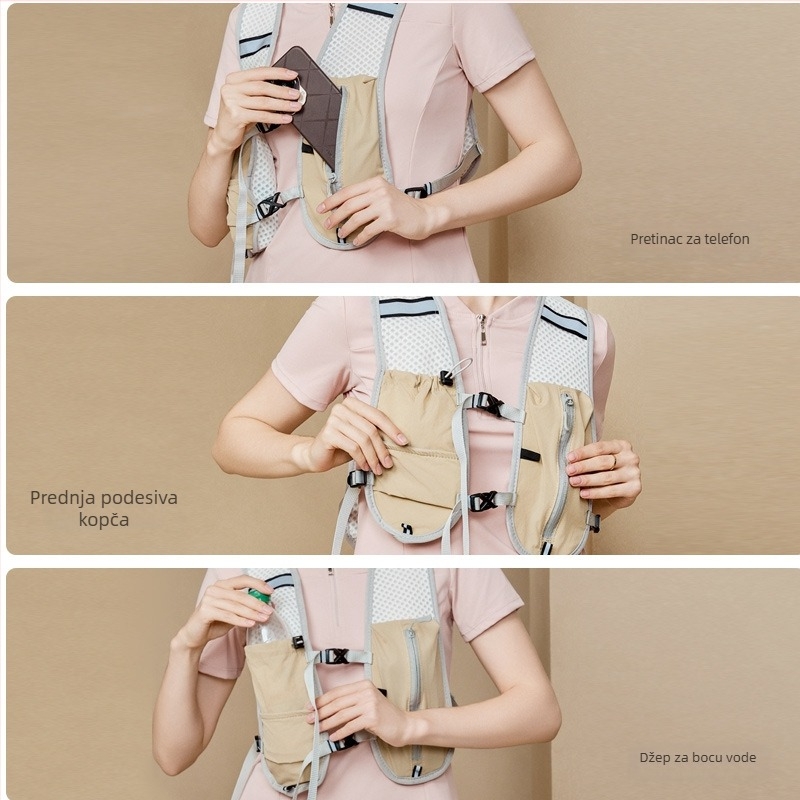 Planinarska vest torba s džepom za telefon i držačem za bocu, prozračan najlon, ultralak, reflektirajuća sigurnost noću, ergonomski zakrivljeni stražnji panel