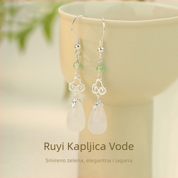 Naušnice od S925 srebra, kapkast oblik, s jade inlayem, srebrnim postom za uho, lagani luksuzni stil za žene