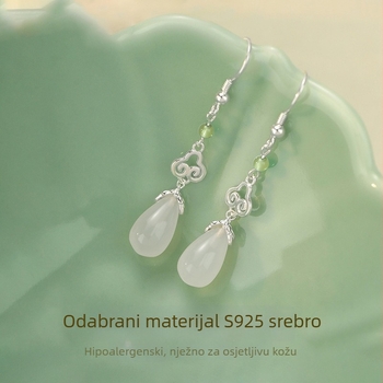Naušnice od S925 srebra, kapkast oblik, s jade inlayem, srebrnim postom za uho, lagani luksuzni stil za žene