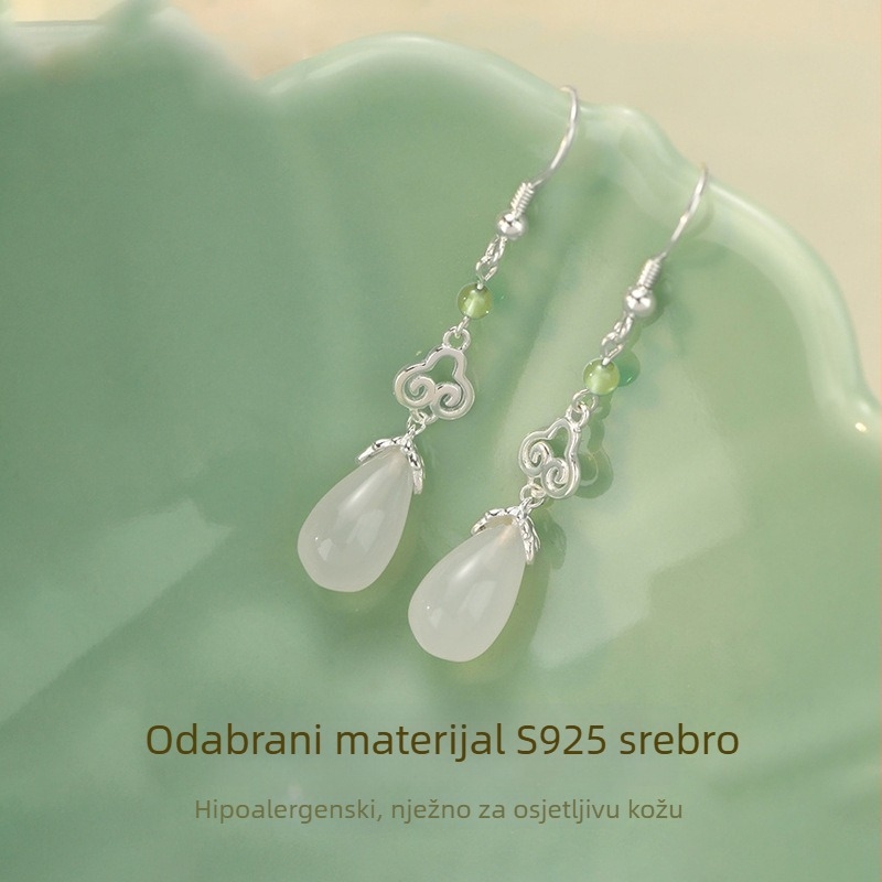 Naušnice od S925 srebra, kapkast oblik, s jade inlayem, srebrnim postom za uho, lagani luksuzni stil za žene