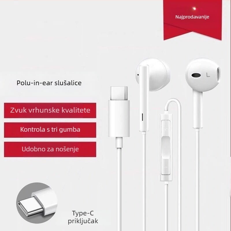 In-ear žične Type-C slušalice, Android-kompatibilne, dinamički pogon s pokretnom zavojnicom, univerzalna kompatibilnost