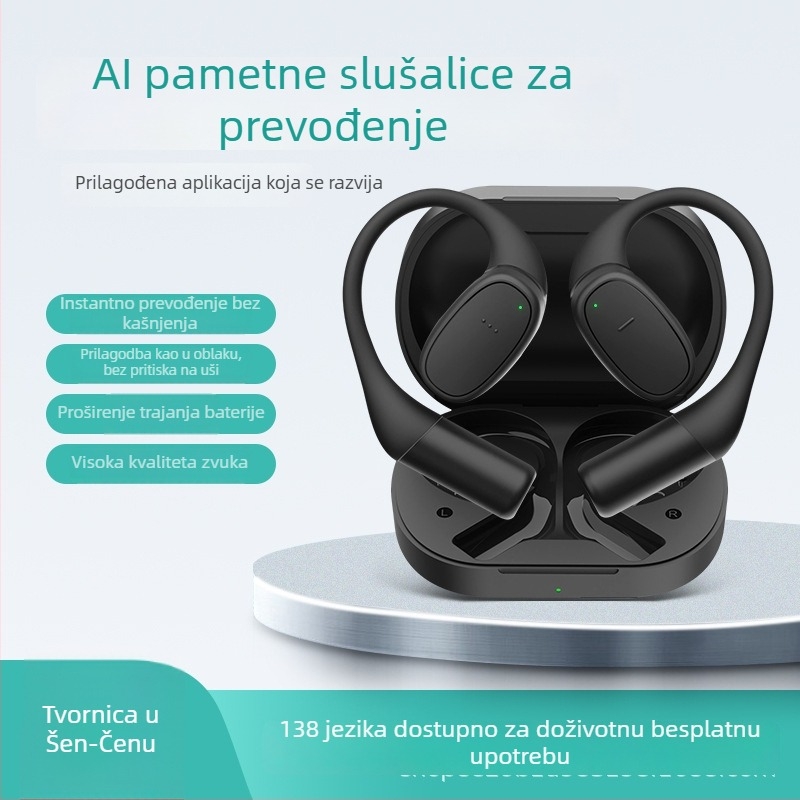 AI slušalice za prijevod za konferencije — prijevod u stvarnom vremenu, višejezični prijevod, Bluetooth 5.3, nošenje na uho uz kukicu, dodirno upravljanje, model V1