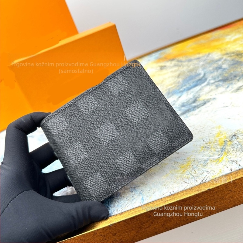 Unisex novčanik od prave kože s kariranim uzorkom, 1 preklop, ultra lagan, za svakodnevnu upotrebu