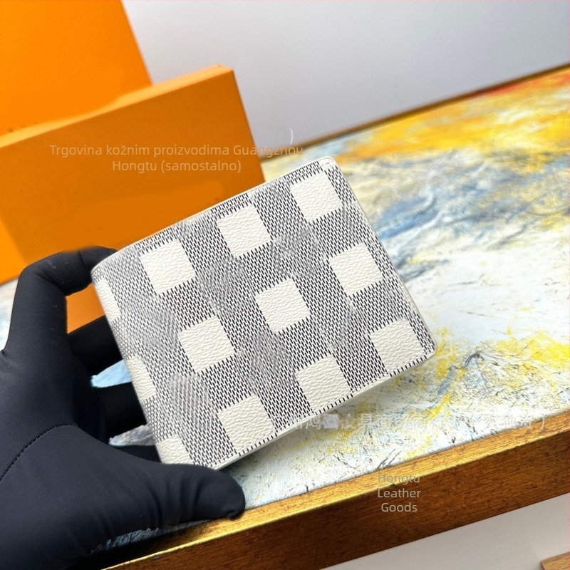 Unisex novčanik od prave kože s kariranim uzorkom, 1 preklop, ultra lagan, za svakodnevnu upotrebu