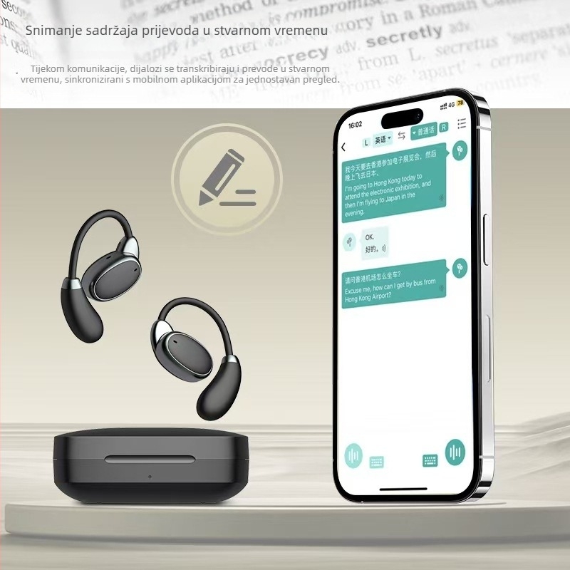 Pametne slušalice za prijevod s AI asistentom, bilateralni stereo, Bluetooth 5.4, domet 15 m, trajanje baterije >8 sati