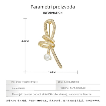 Bros od bakra, dizajn vrpce-uzla, mikro pavé cirkonijem, slatkovodna bisera, za žene