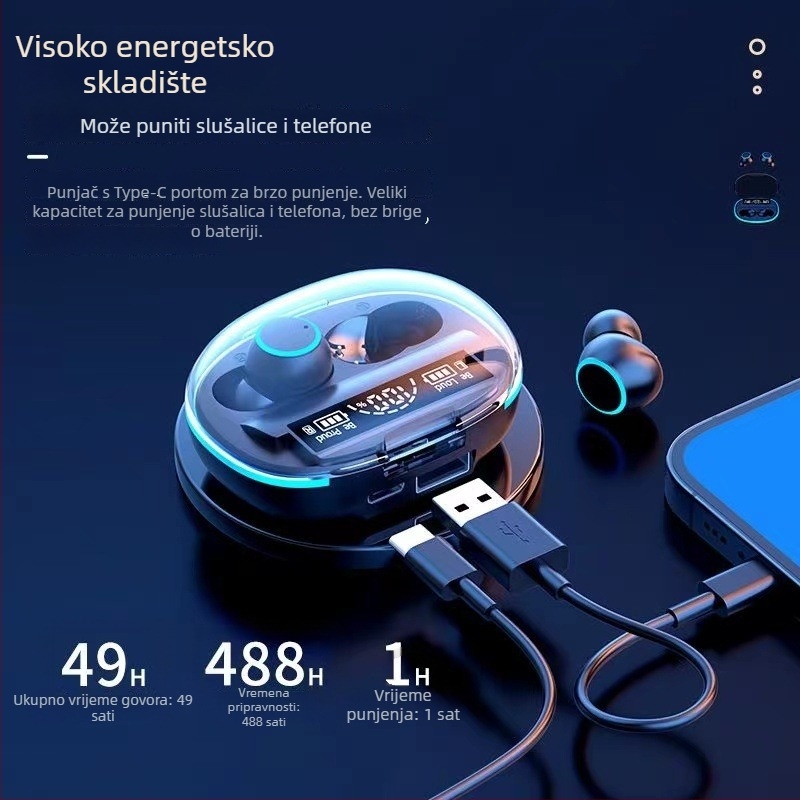 In-ear gaming Bluetooth slušalice, Bluetooth 5.3, domet 15 m, IPX5 vodootporne, digitalni prikaz napajanja, trajanje baterije 4–8 sati