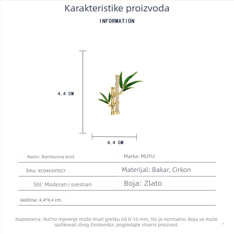 Bakrena broš s kineskim stilom bambuske spoje, cvjetni motiv, mikrointarzija