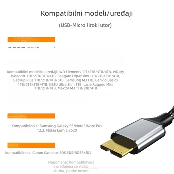 USB 3.0 na Micro USB kabel za tvrdi disk – jednostrani konektor, prošireni prijenos podataka, maksimalna snaga 10W, najlonski kabel