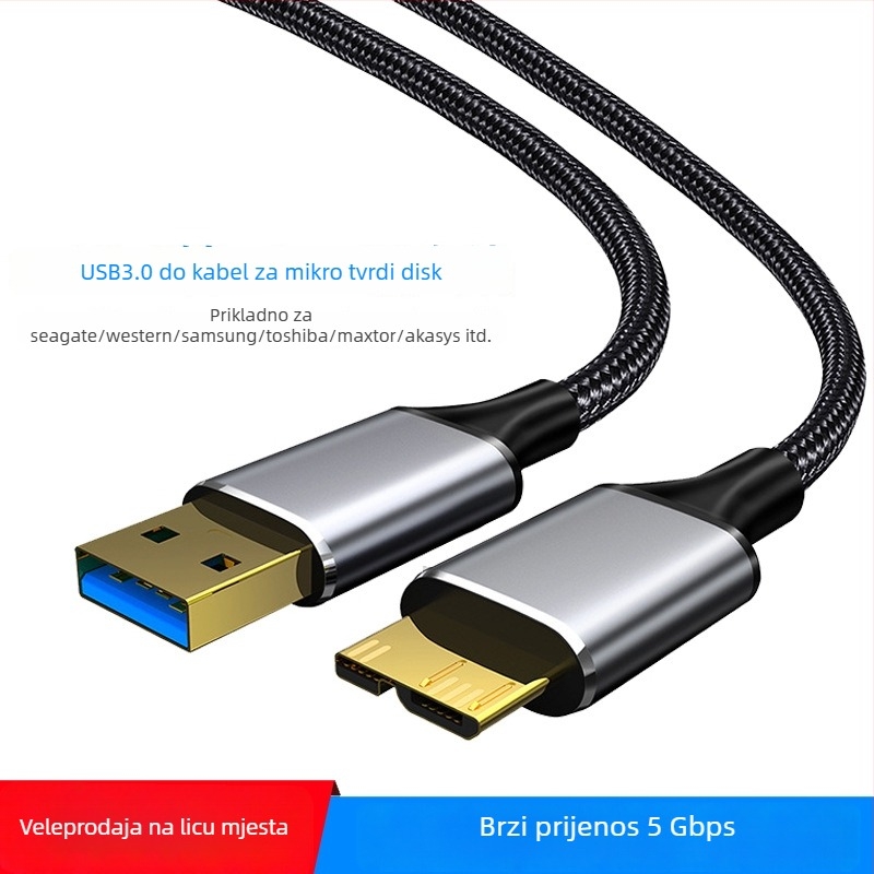 USB 3.0 na Micro USB kabel za tvrdi disk – jednostrani konektor, prošireni prijenos podataka, maksimalna snaga 10W, najlonski kabel
