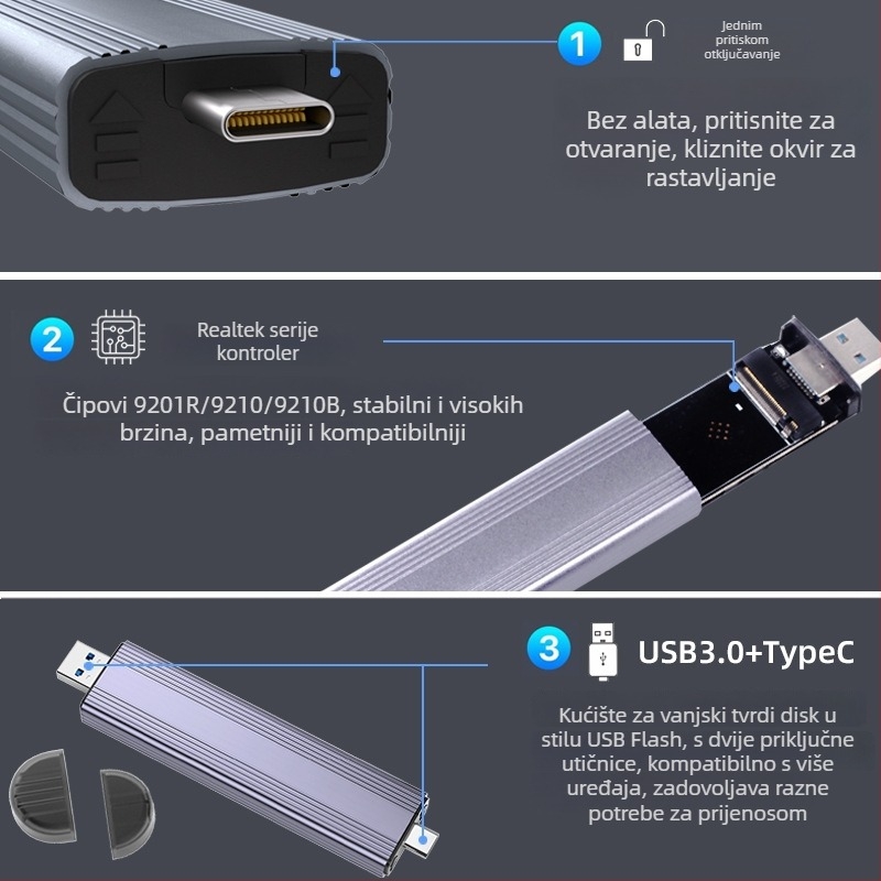 Vanjska kutija za SSD M.2 NVMe, USB 3.2 Type-C, ABS-aluminijska legura, podržava do 8TB, 10 Gbps