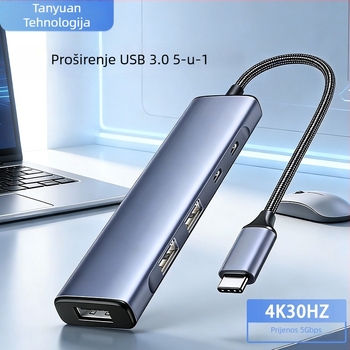 USB-C 5-u-1 hub za telefone i računala, USB 3.0, prijenos do 5 Gbps, vanjsko napajanje, kabel 18 cm