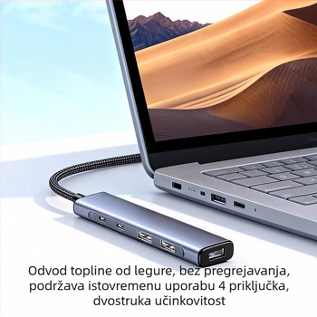 USB-C 5-u-1 hub za telefone i računala, USB 3.0, prijenos do 5 Gbps, vanjsko napajanje, kabel 18 cm