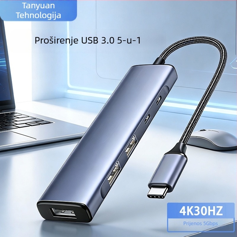 USB-C 5-u-1 hub za telefone i računala, USB 3.0, prijenos do 5 Gbps, vanjsko napajanje, kabel 18 cm