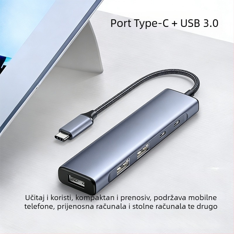 USB-C 5-u-1 hub za telefone i računala, USB 3.0, prijenos do 5 Gbps, vanjsko napajanje, kabel 18 cm