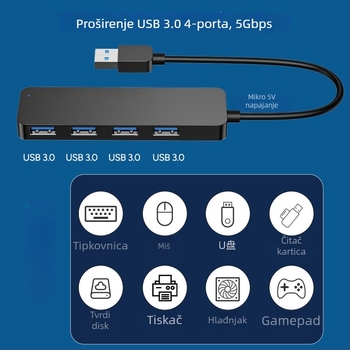 USB 3.0 hub sa 4 porta, One-to-Four docking station, 5Gbps, napajanje putem USB, model AB3-L42