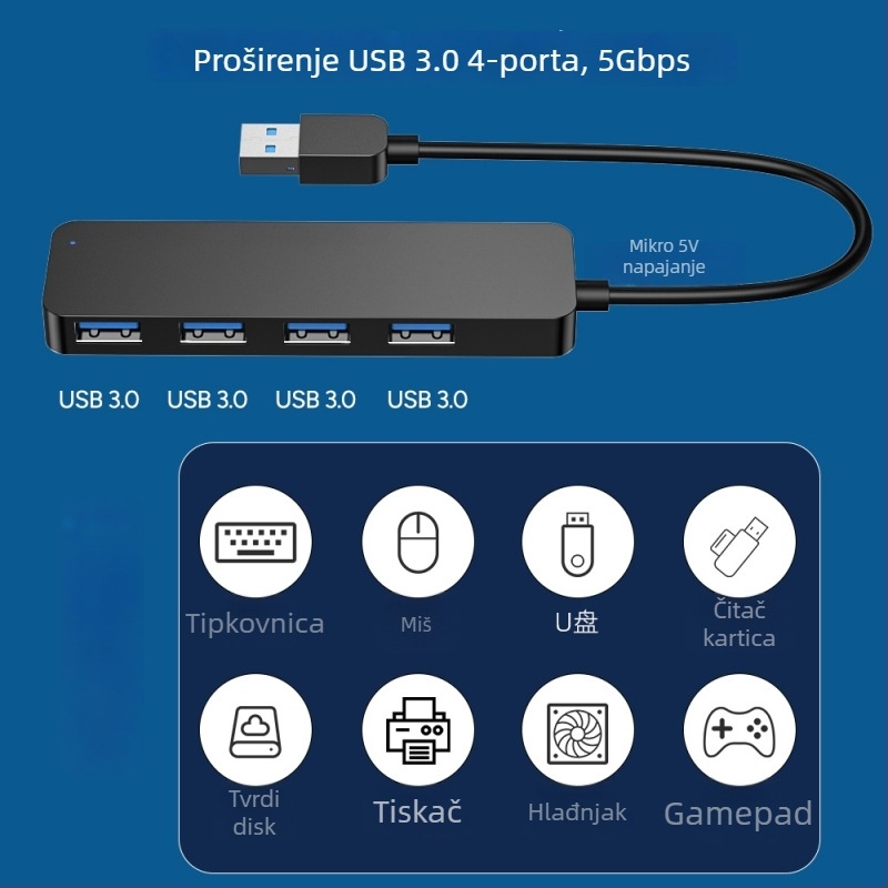 USB 3.0 hub sa 4 porta, One-to-Four docking station, 5Gbps, napajanje putem USB, model AB3-L42