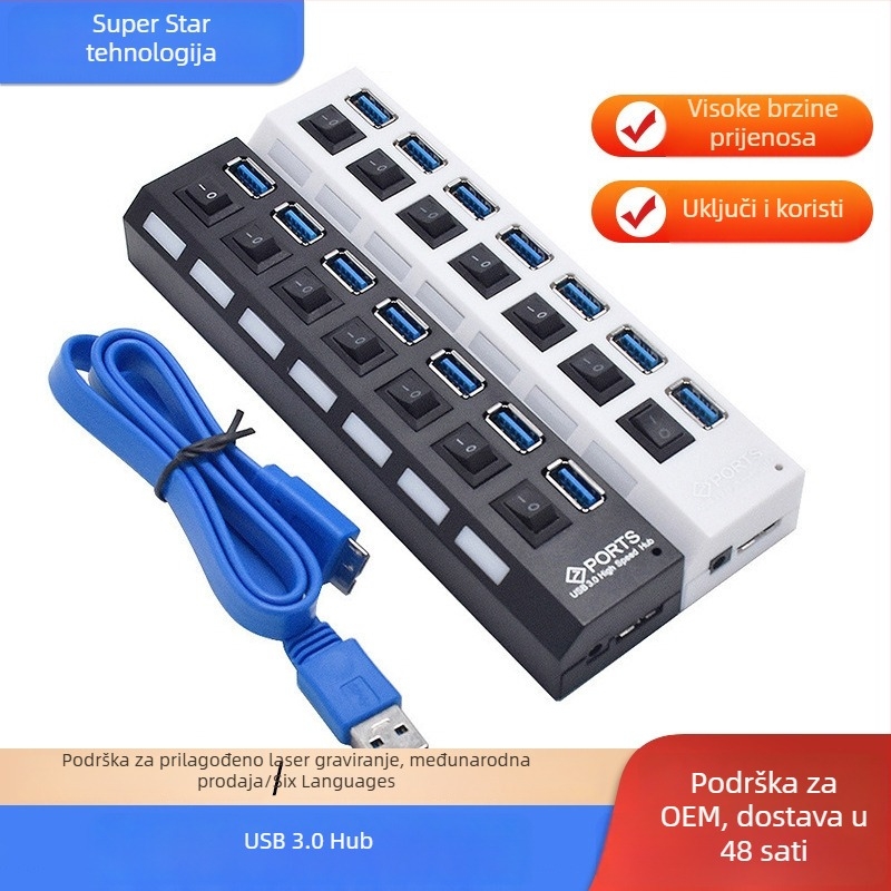 7-portni USB 3.0 HUB s neovisnim prekidačima, vanjsko napajanje
