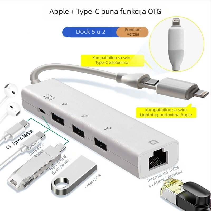Hengweiyi HWY180 USB 2.0 OTG docking hub s Ethernetom 10/100 Mbps, kabel 1,2 m, vanjsko napajanje