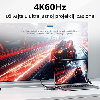 Lanshuo Hd706/Hp706 Dvostruka HDMI docking stanica s 4K60Hz prikazom za tri zaslona, Gigabit Ethernet, USB 3.2, kabel 0.15 m, bez vanjskog napajanja